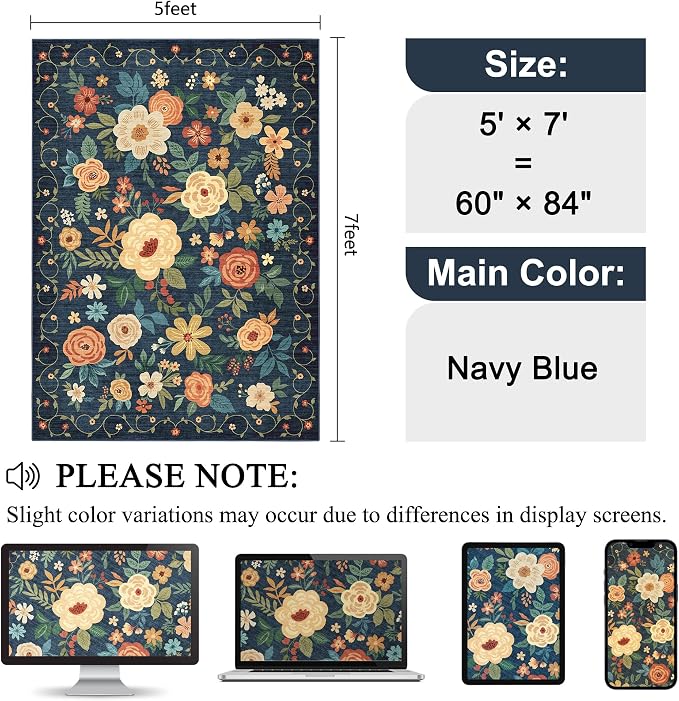 DUKINO 5x7 Area Rug, Floral Rugs for Living Room, Lightweight Non Slip Washable Rug, Indoor Low Pile & Non-Shedding Boho Design Rugs for Bedroom, Living Room, Dining Room, Dark Blue
