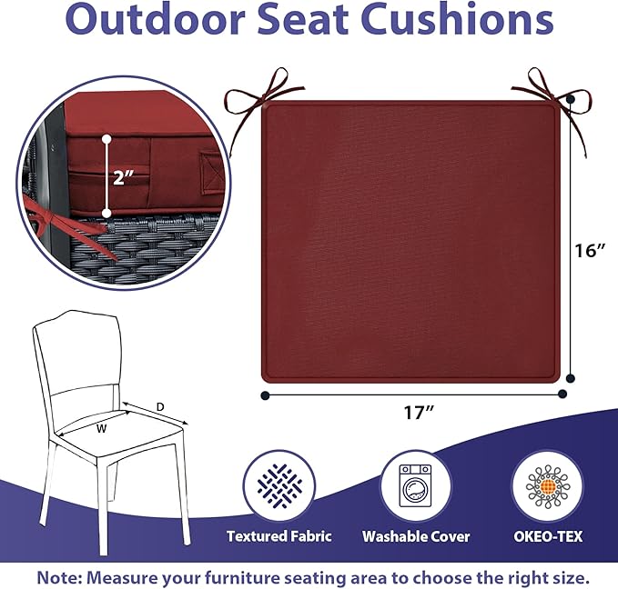 IPYNBAP Outdoor Chair Cushions Set of 4 -Waterproof Outdoor Seat Cushions for Patio Furniture, Patio Chair Cushion with Handle and Ties, Out Door Chair Pads,17x16x2-Square, Burgundy