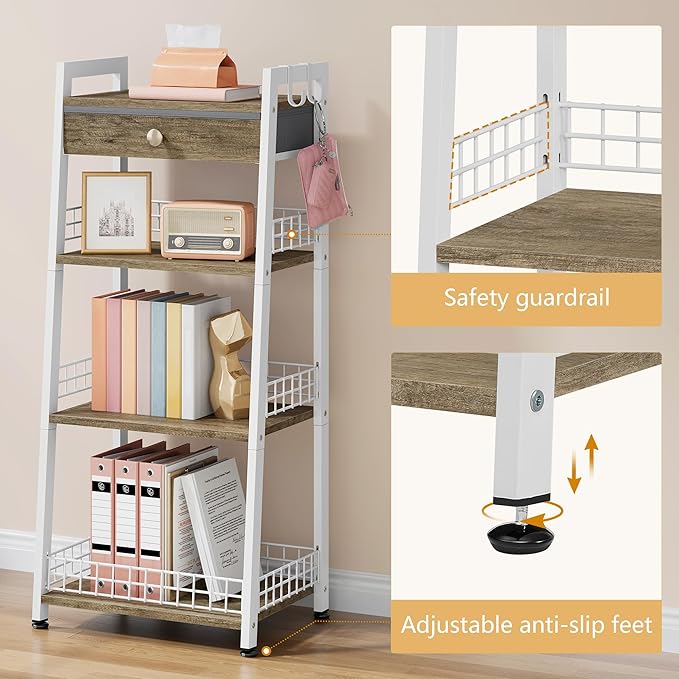 Gewudraw 4-Tier Ladder Shelf with Drawer, Bathroom Table Stand for Small Space, Standing Bathroom Shelves with Storage for Living Room Kitchen Bedroom, Organizer Shelf, White