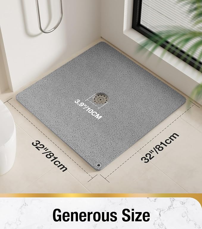 HITSLAM Shower Mat, 32x32 Inch Square Non Slip Bathtub Mat, Soft PVC Loofah Bath Mat for Tub with Hanging Holes, Quick Drying Shower Floor Mat, Without Suction Cups, Grey