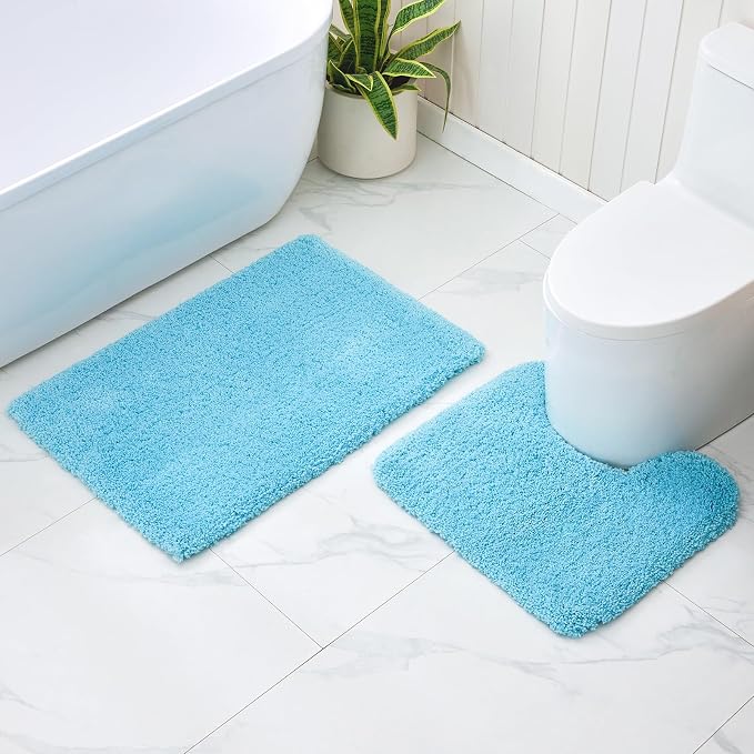 Disolla Toilet Mat 22x24 Sky Blue - Non Slip Fluffy U-Shaped Contour Rug, Ultra-Soft Plush Toilet Floor Mat, Absorbent & Machine Washable
