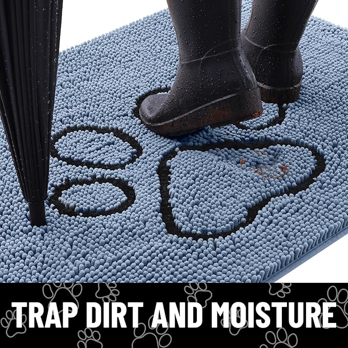 Smiry Dog Door Mat for Muddy Paws, Absorbent Dirt Trapper Non Slip Quick Dry Washable Chenille Mat for Mud Dogs, Entry Rug for Indoor and Outdoor (71x46 Inches, Airy Blue and Black)