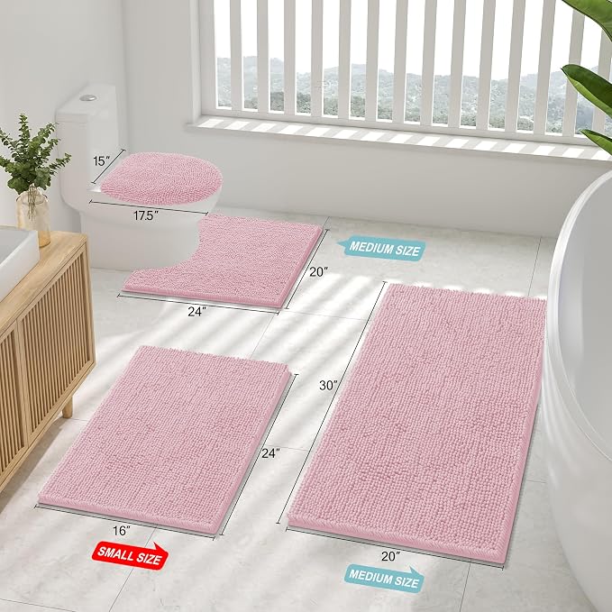 Smiry Luxury Chenille Bathroom Rugs 24x16, Extra Soft and Absorbent Shaggy Bath Mat, Machine Washable, Non-Slip Plush Carpet Runner for Tub, Shower, and Floor, Home Decor Accessories, Dusty Rose