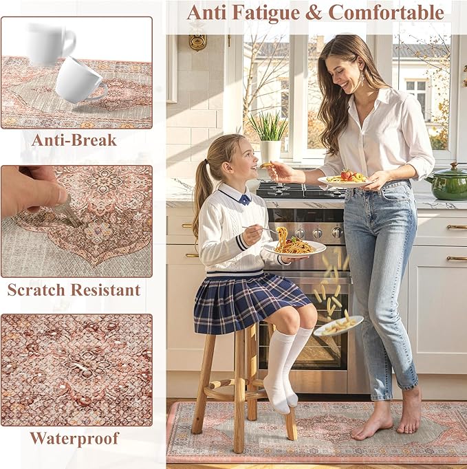 Collive Boho Kitchen Mats for Floor Cushioned, Anti Fatigue Waterproof Kitchen Rug Set of 2 Non Skid Comfort Standing Mat for Office, Sink, Laundry, 17.3"x29"+17.3"x47"(Coral & Greige)