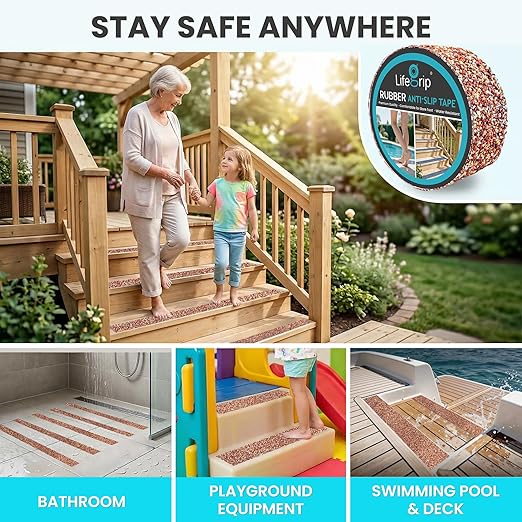 LifeGrip Rubber Anti Slip Tape, Waterproof Grip Tape for Pool, 4 Inch x 38 Foot Non Slip Safety Tape for Stairs, Outdoor, Shower, Wooden Stairs, Textured Comfortable for Bare Foot, Brown