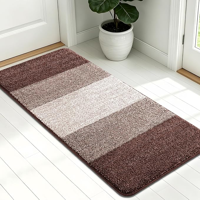 Kitinjoy Indoor Outdoor Door Mat, 54x24 Non-Slip Absorbent Dirt Trapper, Low-Profile Washable Inside Entrance Front Floor Mat, Sturdy Soft Entry Doormats for Entryway, Brown