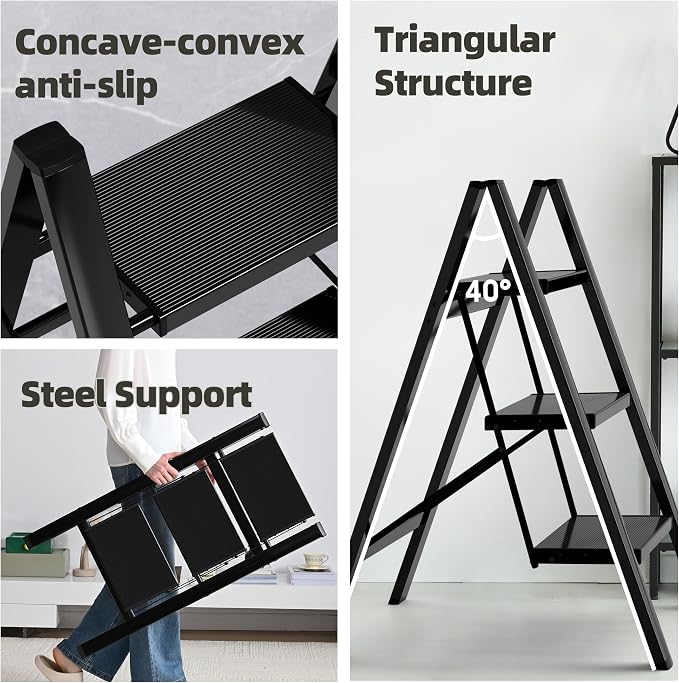 HillhutApex 3 Step Ladder, Lightweight Portable 3 Step Stool with Anti-Slip Wide Pedal, 330lbs Capacity Aluminum Ladder for Household,Office,Kitchen(Black)