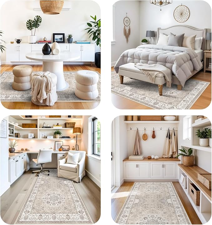 4x10 Hallway Wide Runner Rug: Washable Oriental Soft Area Rug for Living Room Bedroom Stain Resistant Low Pile Carpet for Entryway Ktichen Thin Non Slip Floor Mat for Bathroom Dining Room(Beige,4x10)