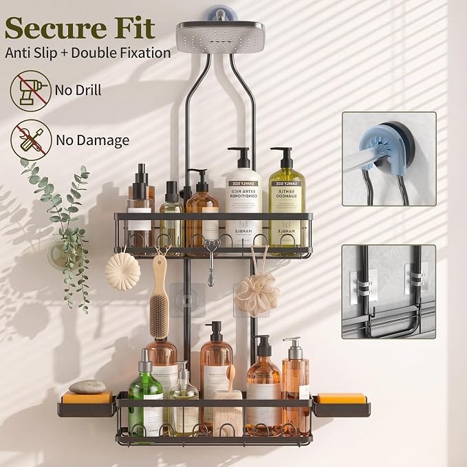 Skyapex Shower Caddy Hanging Over Shower Head, Adjustable Black Bathroom Organizer for Inside Shower, Rust-Resistant Stainless Steel Caddy with 2 Baskets, Hooks & Soap Dish for Tall Bottles