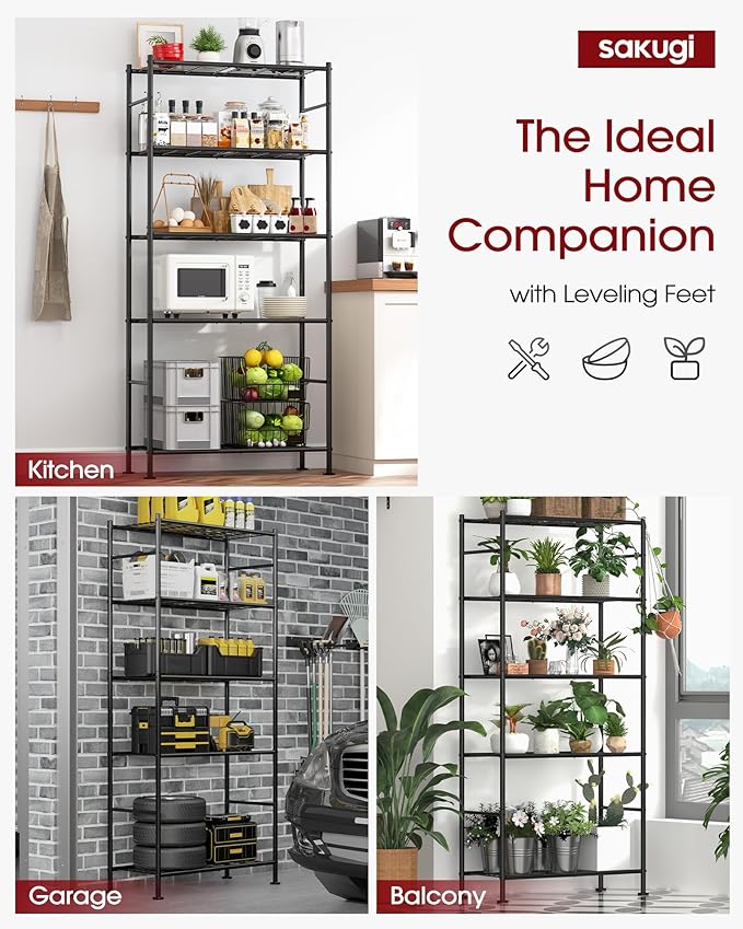 Sakugi Storage Shelves Organizer - 5 Tier Metal Shelf Organizer with Metal Wheels and Adjustable Leveling Feet, Heavy Duty Garage Shelving for Kitchen, Pantry and Closet, 33.1"x12.6"x73.5", Black