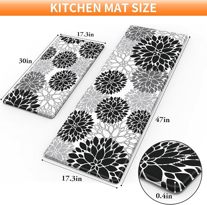 StepLively Kitchen Mats for Floor 2PCS, Anti Fatigue Mats for Kitchen Floor, Kitchen Accessories for Sink, Office, Laundry, 17.3"×30"+17.3"×47", White and Black