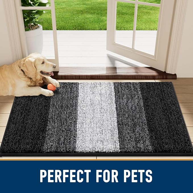 Smiry Dog Door Mat for Muddy Paws, Absorbs Moisture and Dirt, Low-Profile Entryway Mat with Non-Slip Backing, Entry Indoor Outdoor Doormat for Inside Floor (48x32 Inches, Black, Striped)