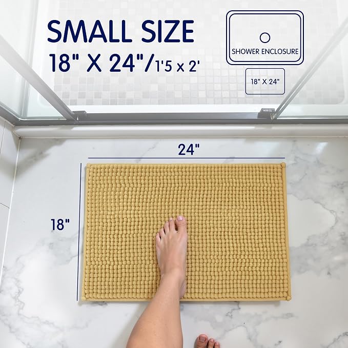 SUBRTEX Bathroom Rugs Chenille Bath Rug, Soft Short Plush Bath Mat, Water Absorbent Shower Mat, Quick Dry Machine Washable(Yellow, 18" x 24")