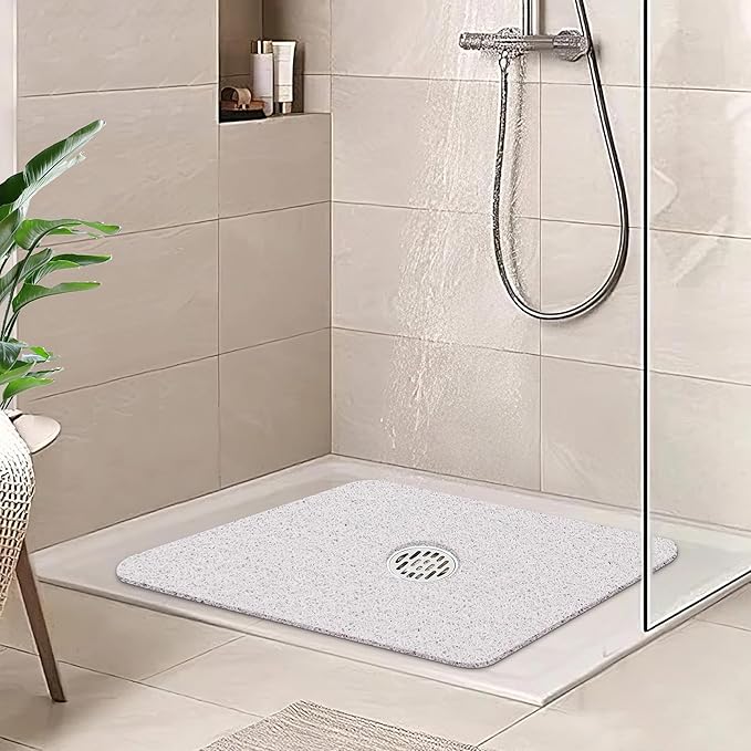 HITSLAM Square Shower Mat, 24 x 24 Inch Non Slip Bath Mat for Tub, Soft PVC Loofah Bathtub Mats with Drain Holes, Quick Drying Bathroom Stall Floor Mat, Bathroom Accessories Without Suction Cup, White