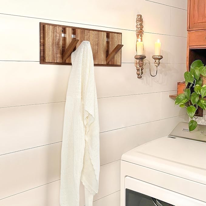 Wall Coat Rack for Entryway: Rustic Wooden Folding 8 Hooks Mount 16.5inch Decorative Piano Hanger for Farmhouse Hallway Bathroom for Towel Backpack Jacket (Neat Style)