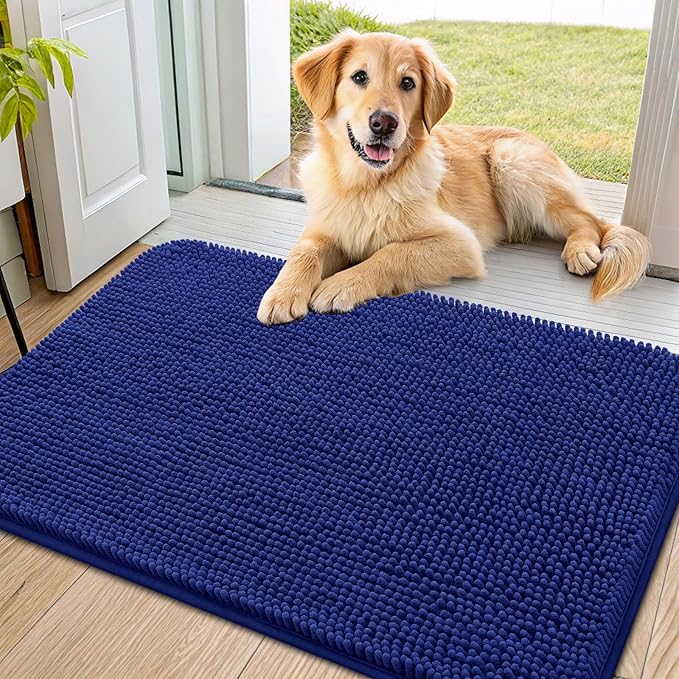 Smiry Dog Door Mat for Muddy Paws 36x24, Absorbent Dirt Trapper, Non-Slip Washable Chenille Entryway Rug for Inside Floor, Navy Blue, Classic Solid