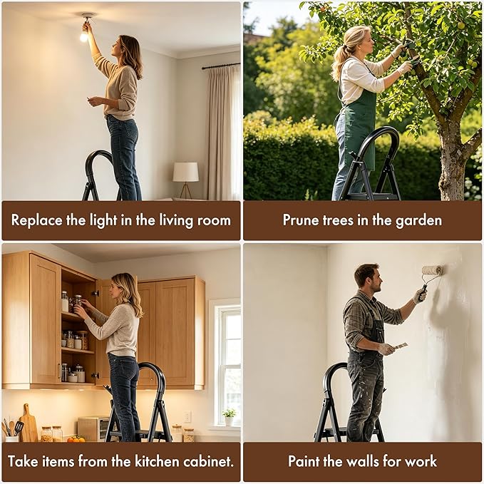 Folding Step Ladder, 4-Step Multi-Functional Alloy Ladder, Heavy Duty Metal, Wide Pedals, Anti-Slip, Collapsible to 5cm, with Tool Rack & Sponge Handrail for Home, Indoor & Engineering Use