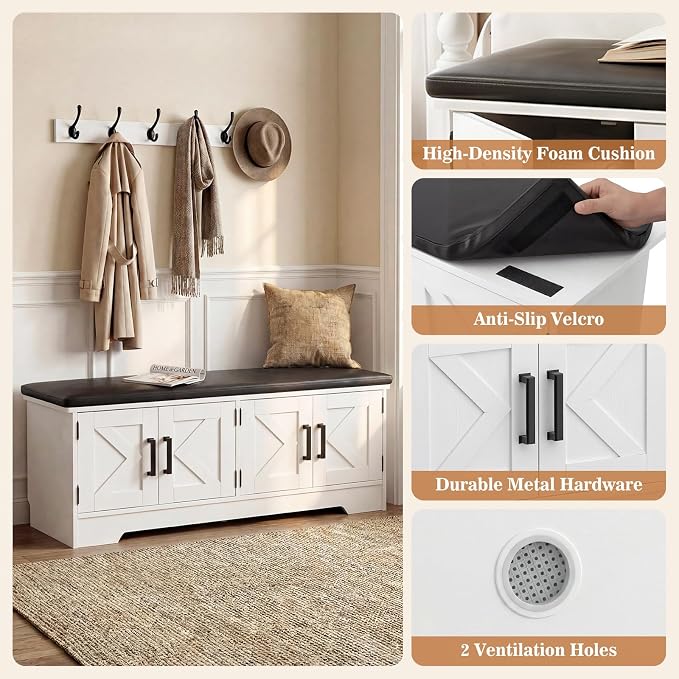 Farmhouse Shoe Storage Bench with Cushion - 43.3" Entryway Bench with Storage & 4 Barn Doors, 2-Tier Wooden Shoe Rack Bench, Hidden Shoe Cabinet & Mudroom Bench for Bedroom Hallway Living Room, White