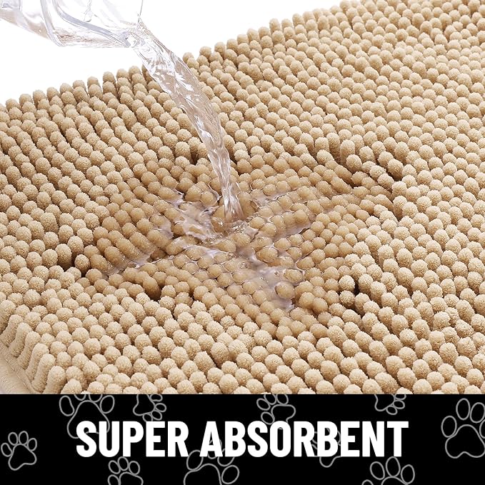 Smiry Dog Door Mat for Muddy Paws, Absorbent Dirt Trapper Non Slip Quick Dry Washable Chenille Mat for Mud Dogs, Entry Rug for Indoor and Outdoor (34x21 Inches, Beige and White)