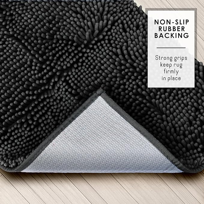 Hearth & Harbor Bathroom Rugs, Chenille Bath Mat - Machine Washable Bath Mats for Bathroom Non-Slip Backing Rubber, Quick Dry Bathroom Mat - Black Bath Rug, 26x44
