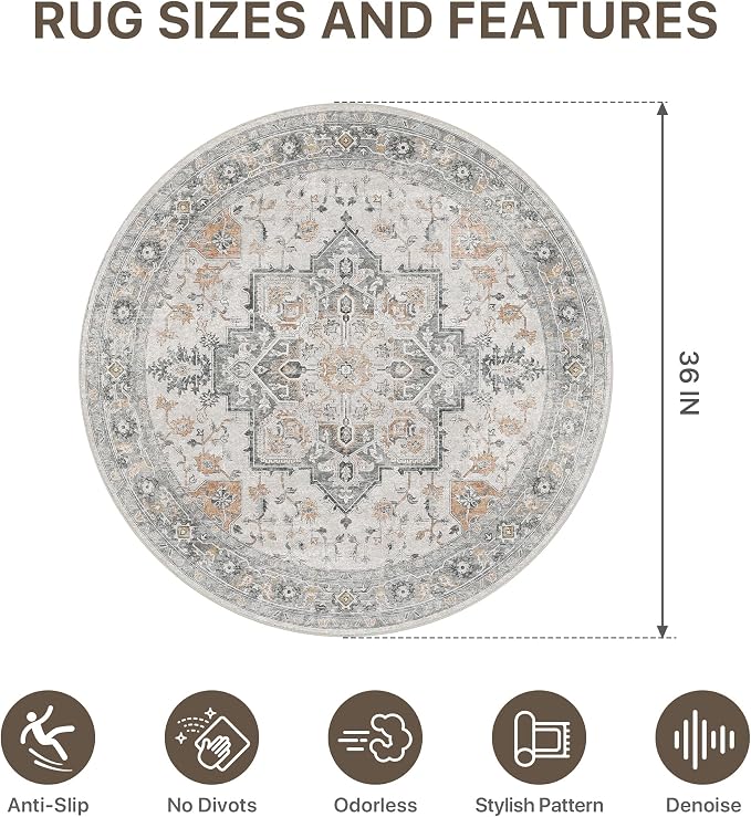 36"x36" Office Chair Mat for Hardwood Tile Floor, Under Desk Carpet Protector for Rolling Computer Chair Mat, Machine Washable Round Area Rug, Anti-Slip 1/5" Thick Low Pile Thin Floor Mat, Taupe