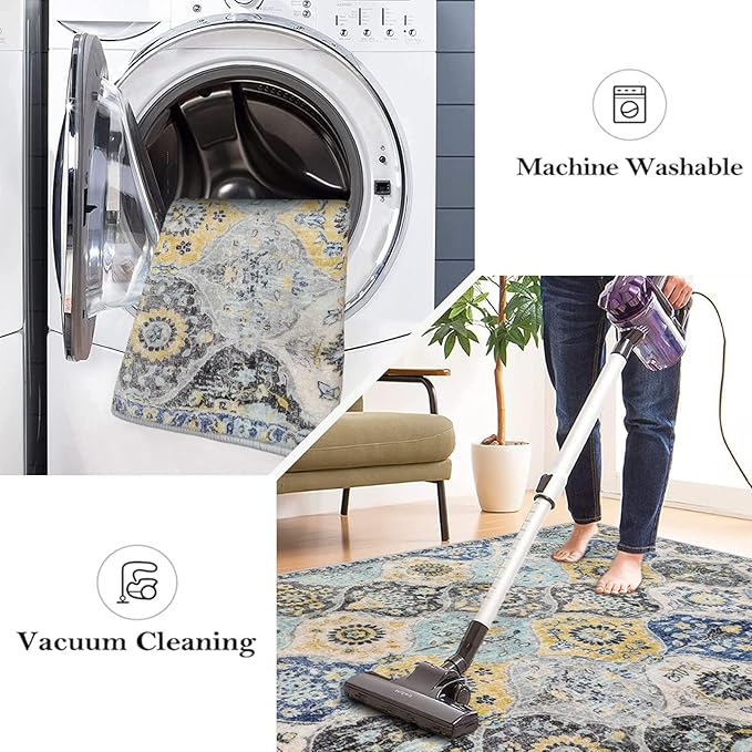 Lahome Moroccan Trellis Washable Area Rugs 5x7, 5x7 Area Rugs for Living Room Bedroom, Indoor Non-Slip Large Oriental Throw Carpet for Kitchen Entryway Bathroom Office Elise, Yellow/Aqua