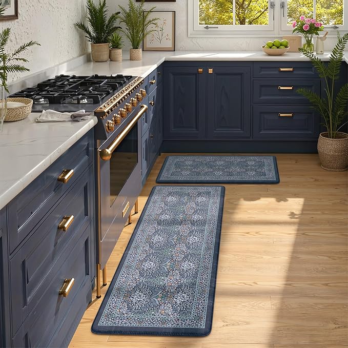 Collive Kitchen Mats for Floor 2PCS, Cushioned Anti Fatigue Rugs Non Slip Waterproof Kitchen Sink Mat, Dark Blue Floral Standing Mat for Bar, Office, Desk, Home Decor, 20" x 47" + 20" x 32"