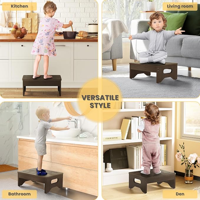 Wooden Step Stool for Adults & Kids, Non-Slip Rubber Feet, 6.5 INCH High, Lightweight Small Step, 450 LBS Capacity, Bed Step Stool for High Bed, Bathroom & Kitchen (Walnut)