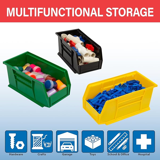 Akro-Mils 30230 AkroBins Plastic Storage Bins, Space-Saving Stackable Bins for Garage, Pantry, Craft Organization, 11" x 5" x 5", Black, 12-Pack