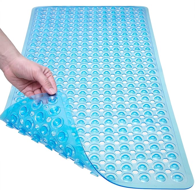 TEESHLY Bath Mat for Tub & Shower, Non Slip Soft Bathmat with Suction Cups & Drain Holes, Machine Washable Bathtub Floor Liner Mats for Bathroom, 35x16 Inch, Clear Blue