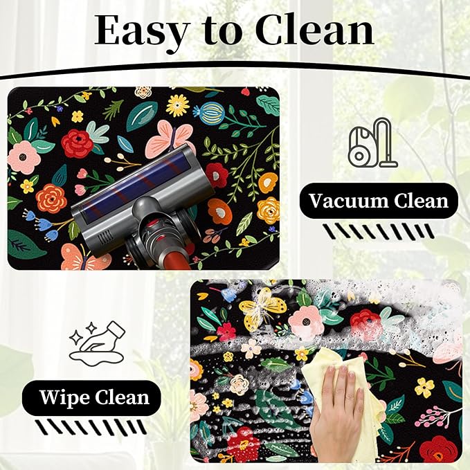 Kitchen Rugs Set of 3, Black Vintage Floral Scalloped Anti Fatigue Mats, Cushioned Non Slip PVC Floor Rugs, Comfort Standing Kitchen Floor Mats for Sink Laundry Office Home, 18x30, 18x48,18x60 Inch