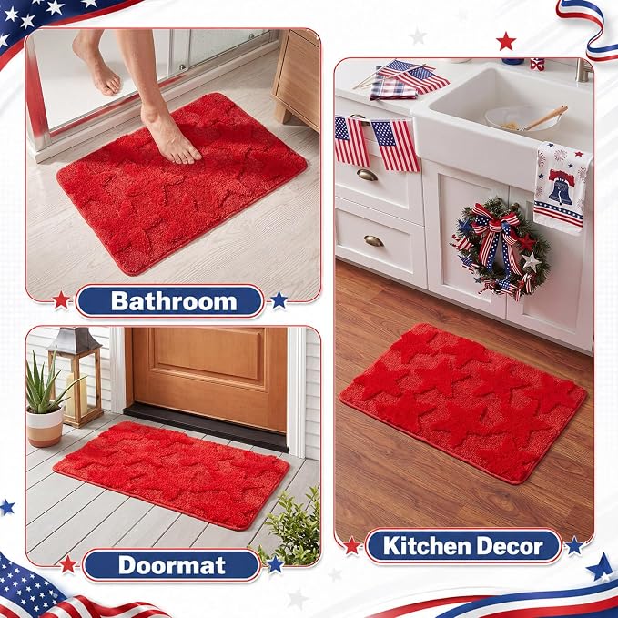 Capoda 1 Pcs Patriotic Bathroom Rug 20 x 30 Inch 4th of July Star Bath Mat Non-Slip Soft Microfiber 4th of July Shower Rug for Independence Day Home Kitchen Bathroom Entrance Decor(Star, Red)