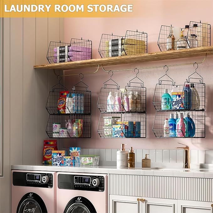 X-cosrack 7 Tier Foldable Hanging Closet Organizer and Storage,Wire Closet Shelving with 4 Large Hooks+ 5 S Hooks,Hanging Basket for Clothes Sweaters Shoes Handbags,Small Closet Organizers