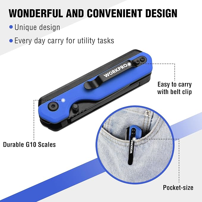 WORKPRO 2-in-1 Folding Knife/Utility Knife, Quick-Change Box Cutter with Belt Clip, Liner Lock, and G10 Handle, Extra 10 SK5 Blades Included, Blue