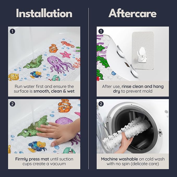Bath Tub Mat Non Slip Anti Mold for Kids BPA Free INCL Hooks - homerella® Ocean Sea Animals 40x16, Baby Bath Mat Non Slip 200 Suction Cups, Non Toxic Machine Washable Toddler Bath Mat, EU Certified