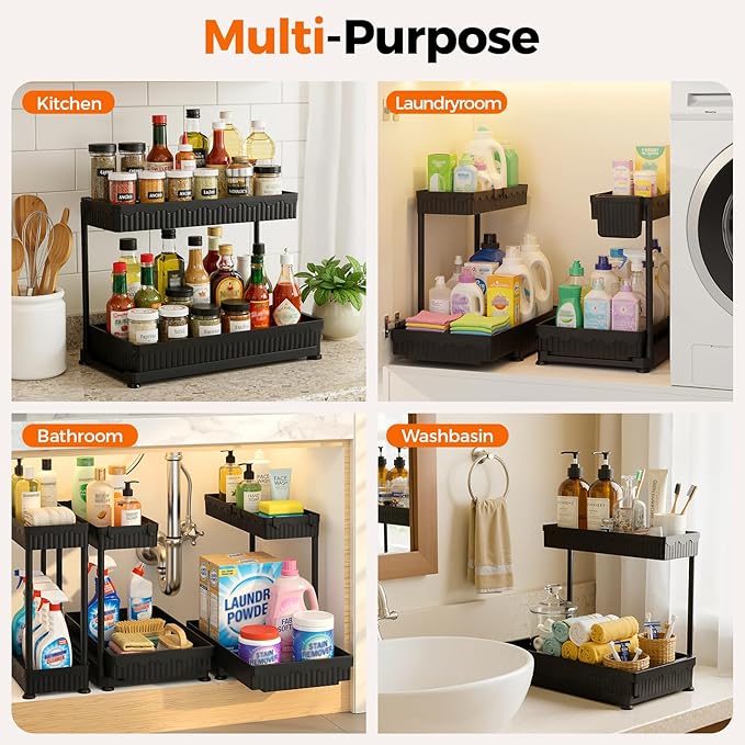 Sevenblue 3 Pack Multi-Purpose Pull-Out Storage Organizers, 2-Tier L-Shaped Under Sink/Cabinet Organizers and Storage for Bathroom & Kitchen, (Black, 12.85 Inches)