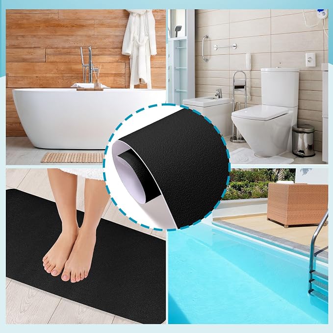 Dunzoom 16" x 40" Non Slip Bathtub Mat with Drain Cut Out Non Skid Safety Bath Mat Adhesive Peel and Stick Bath Tub Mat Arc Angle PEVA Tub Anti Slip Stickers for Shower Floor Wet Areas(Black)