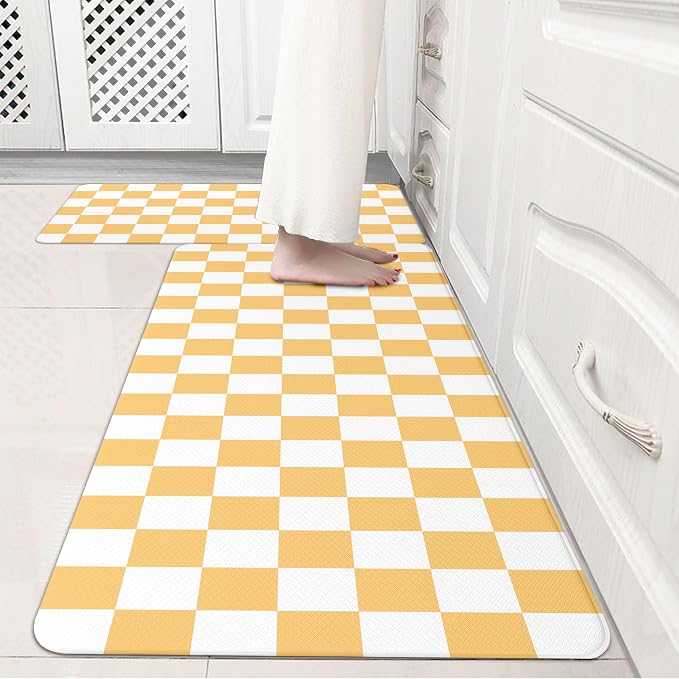 Yellow Checkered Grid Checkerboard Kitchen Rug Sets [2 PCs], Anti-Fatigue, Waterproof Non-Slip Kitchen Mats Heavy Duty Comfort Foam Rug for Kitchen, Floor, Laundry,17"x29"+17"x47"