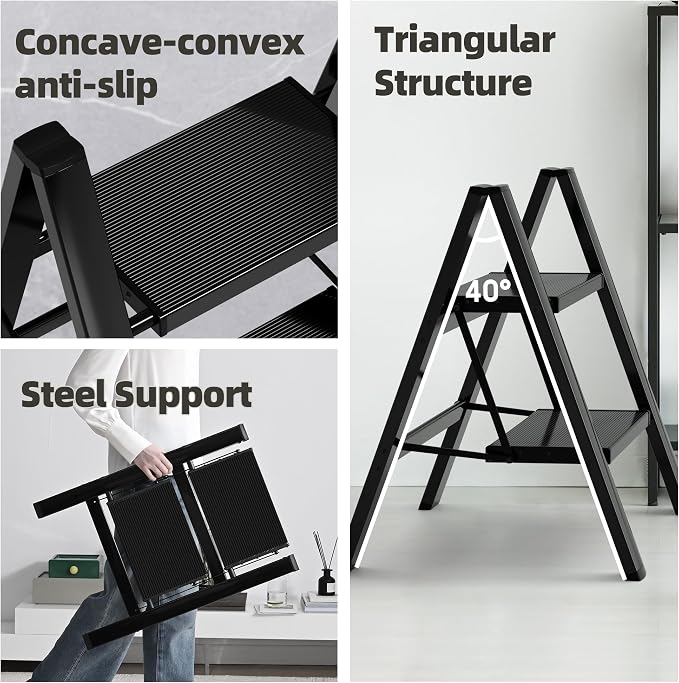 HillhutApex 2 Step Ladder, Lightweight Portable 2 Step Stool with Anti-Slip Wide Pedal, 330lbs Capacity Aluminum Ladder for Household,Office,Library(Black)