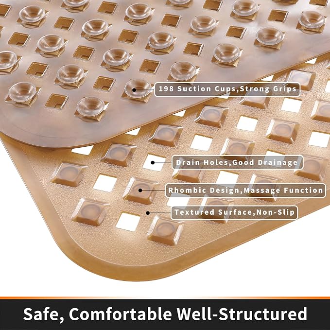 Yimobra Bathtub Mat Non Slip, Super Strong Suction Cups, 27.5"X15.5" Long Shower Mat with Drain Holes, Machine Washable Fast Draining Bath Mats, Bathroom Essentials,Clear Brown