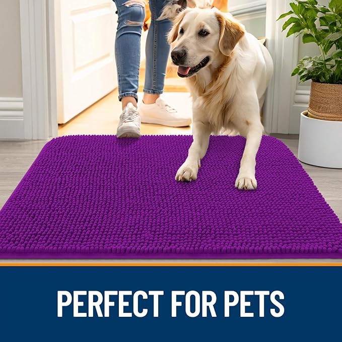 OLANLY Dog Door Mat for Muddy Paws 54x32, Absorbs Moisture and Dirt, Absorbent Non-Slip Washable Doormat, Quick Dry Chenille Mud Mat for Dogs, Entry Indoor Entryway Carpet for Inside Floor, Purple