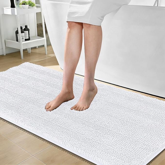 OLANLY Thick Bathroom Runner Rugs 59x24, Absorbent Chenille Striped Bath Rugs, Rubber Backing, Machine Wash Dry, Extra Long Bath Mats for Bathroom Floor, Tub and Shower, Home Decor Accessories, White