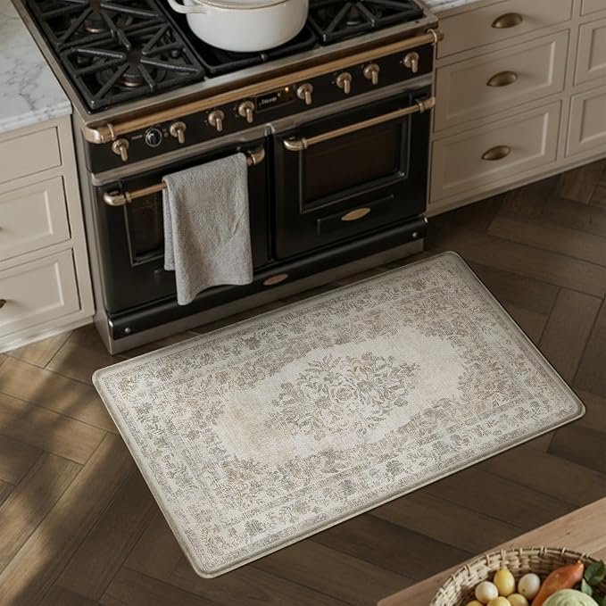 PureCozy Kitchen Mats 2PCS Anti Fatigue Cushioned Mat Beige Vintage Kitchen Mats for Floor Waterproof Non Slip Comfort Standing Medallion Floral Rug for Sink Laundry Office 17.3"x59"+17.3"x30"