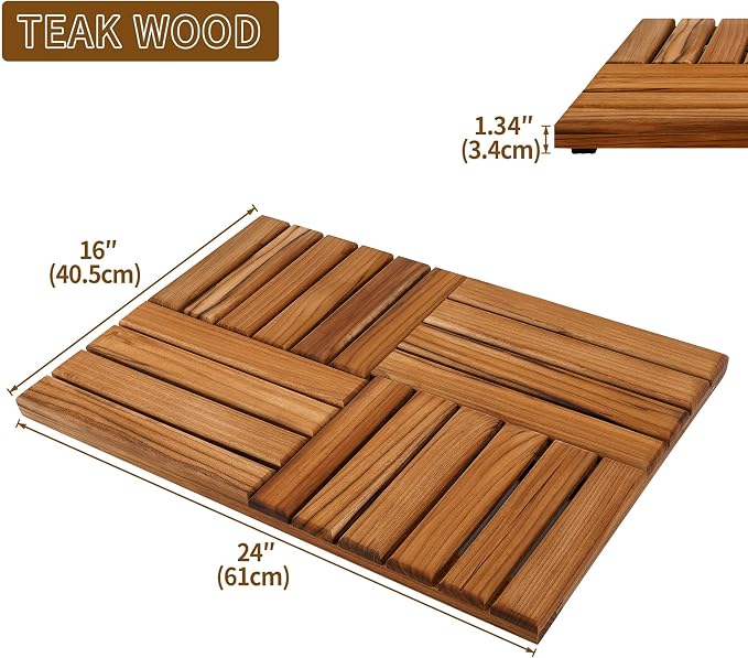 Utoplike Teak Wood Bath Mat, Wooden Shower Mat for Bathroom, 24 x 16 inch Non Slip Wood Floor Sturdy Mat for Inside Shower Luxury Spa Home or Outdoor