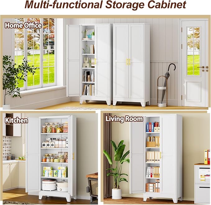 71" White Metal Garage Storage Cabinet with 2 Doors and 4 Adjustable Shelves,Kitchen Pantry Cabinet,File Cabinet,Steel Tool Cabinet for Home,Office,Garage,School,Warehouse