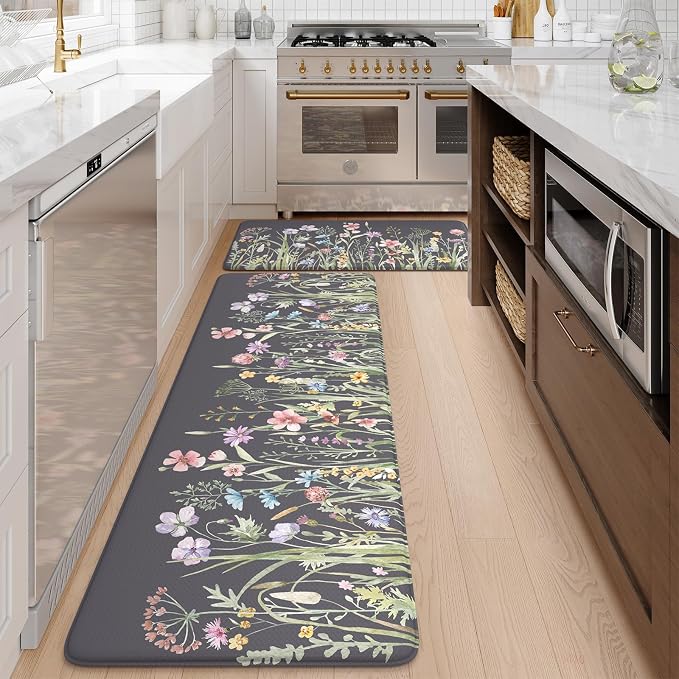 KIMODE Anti Fatigue Kitchen Mats for Floor, 20"x47"+20"x32" Farmhouse Kitchen Rugs Sets of 2, Padded Kitchen Floor Mats, Comfort Standing Mats for Sink, Laundry, Office, Desk Dark Grey/Purple