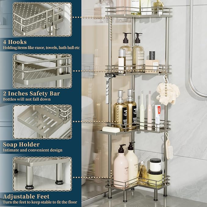 Consumest Corner Shower Caddy Standing - 4-Tier Stainless Steel Shower Organizer with Soap Holder and 4 Hooks, Large Capacity Corner Shelf Stand for Bathroom, Rest Room, Sand Nickel
