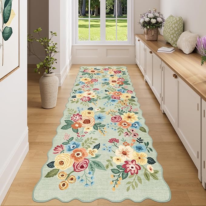 DUKINO 3x8 Washable Runner Rug, Soft Indoor Floral Non Slip Long Runner Rug for Hallways, Lightweight & Low Pile Floor Carpet for Kitchen, Entryway, Hallway, Bathroom, Laundry, Bedroom, Green