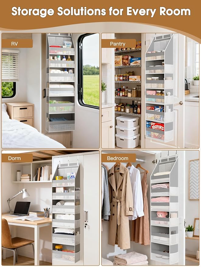 Criusia 2 Pack Over The Door Organizer, Heavy-Duty 6-Shelf Hanging Storage with 13 Mesh Pockets, 55lbs Capacity Behind The Door Storage for Nursery, Bathroom, Bedroom, and Dorm, Grey