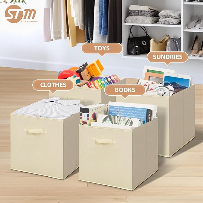 STORAGE MANIAC Storage Cubes, 13 Inch Collapsible Storage Bins with Handles, 4 Pack Fabric Foldable Bins for Organization, Durable Storage Bins for Closet, Shelves, Offices, 4-Pack Beige